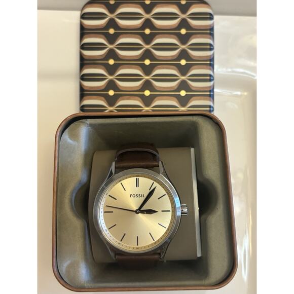 Fossil Fenmore BQ2865 44mm Cream Dial Brown Leather Quartz Watch - Picture 3 of 17